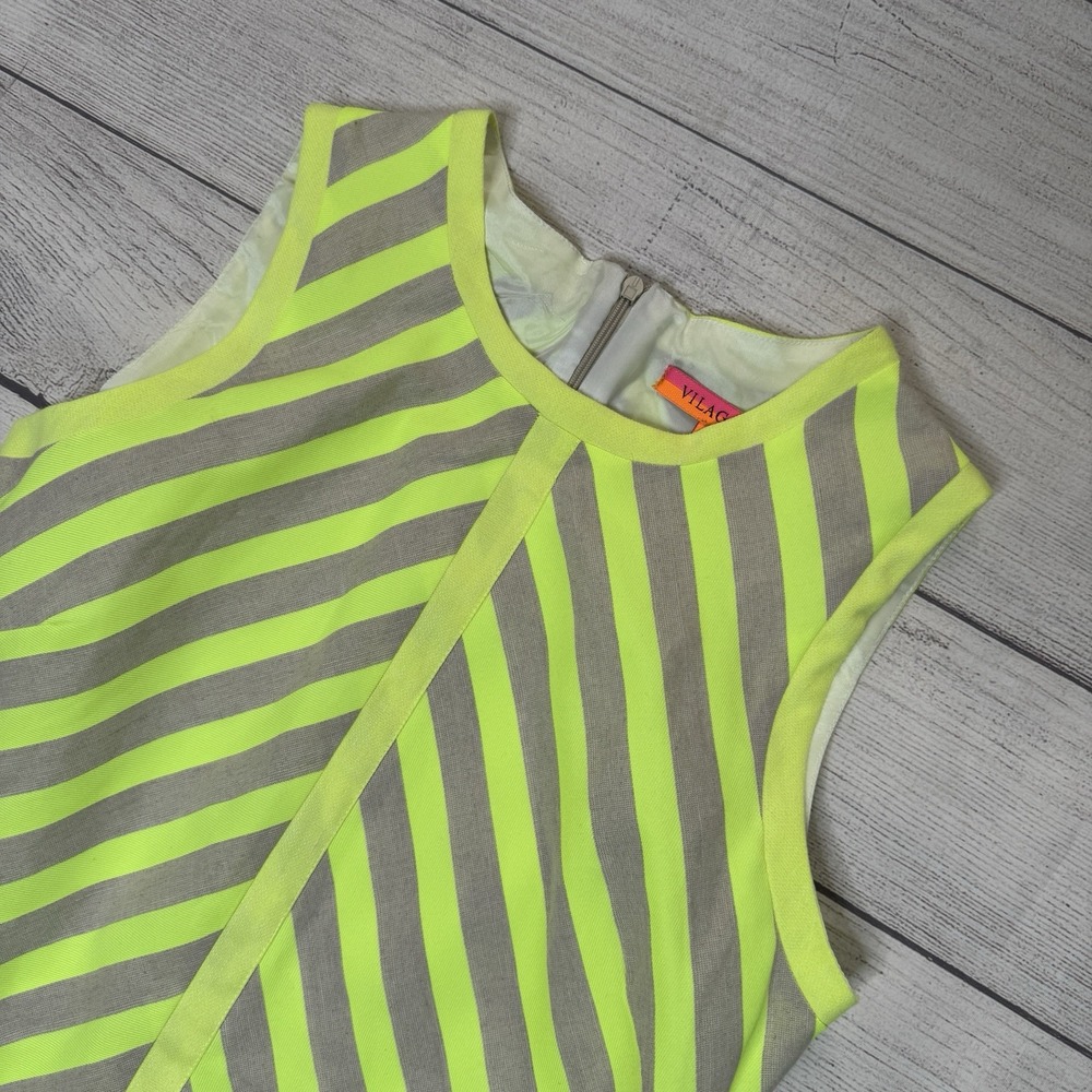 Vilagallo Linen Blend Natural Neon Green Chevron Stripe Shift Dress Size 38 US 6